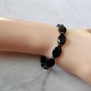 Vintage Black Onyx Oval Bead Bracelet with Sterling 925 Clasp 7"
